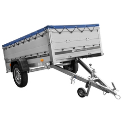Enkelassige aanhanger met aluminium zijwanden 230x125 Unitrailer Garden 230 KIPP ALU met BIS-zijwanden, H-0 frame en blauwe afdekking