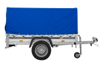 Enkelassige aanhanger met aluminium zijwanden 200x125 Unitrailer Garden 201 KIPP ALU met H-800 frame en blauwe afdekking