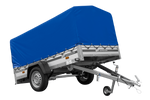 Enkelassige aanhanger op veren met aluminium zijwanden 230x125 Unitrailer Garden 230/R KIPP ALU met H-800 frame en blauwe afdekking