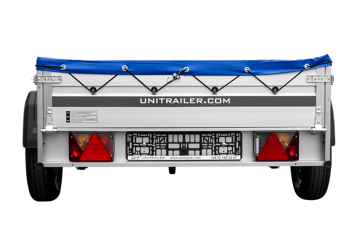 Enkelassige aanhanger op veren met aluminium zijwanden 200x125 Unitrailer Garden 201/R KIPP ALU met H-0 frame en blauwe afdekking