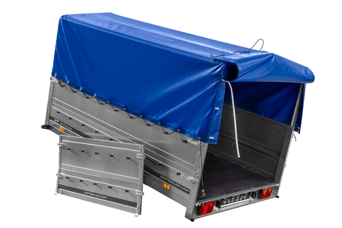 Eenassige aanhangwagen 264x150 UNITRAILER GARDEN 265 KIPP met opzetborden H-800 frame en blauwe huif