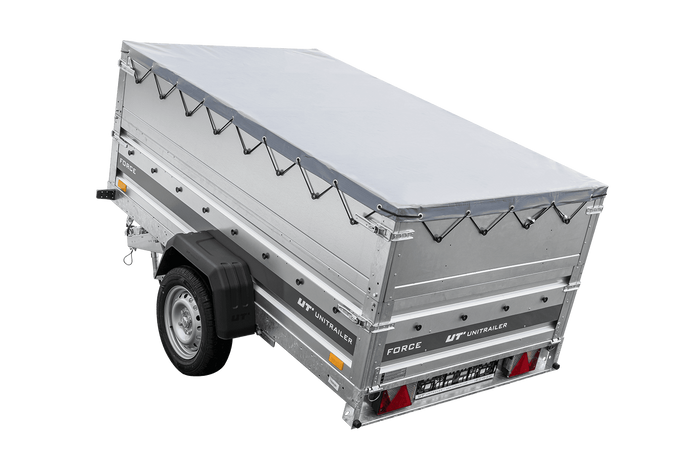 Autotransportaanhanger op veren 230x125 UNITRAILER FORCE 230/R KIPP met BIS-zijwanden, H-0 frame en grijze afdekking