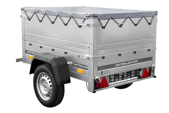 Unitrailer GARDEN TRAILER 150 KIPP met een steunwiel, twee zijkanten en een grijze platte afdekking op een frame