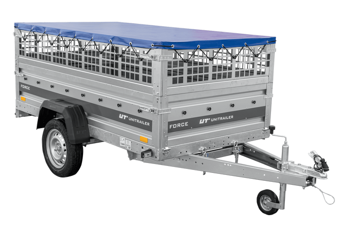 Enkelassige aanhanger 230x125 UNITRAILER FORCE 230 KIPP met gaaswanden, H-0 frame en blauwe afdekking.