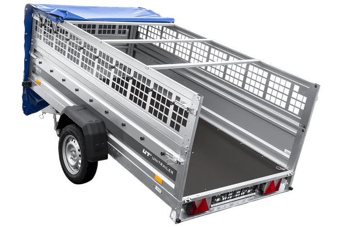 Enkelassige aanhanger 264x125 UNITRAILER FORCE 264 KIPP met gaaswanden, H-0 frame en blauwe afdekking.