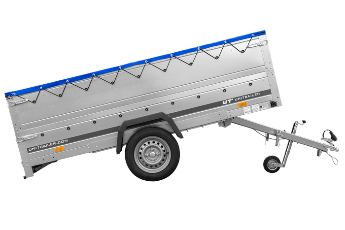 Enkelassige aanhangwagen op veren 264x125 UNITRAILER GARDEN 264/R KIPP met BIS zijwanden, H-0 frame en blauw dekzeil