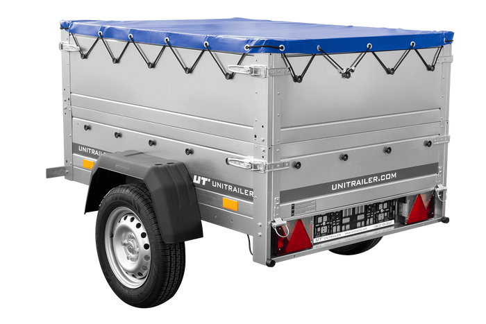Unitrailer GARDEN TRAILER 150 KIPP met steunwiel, twee zijkanten en blauwe vlakke afdekking