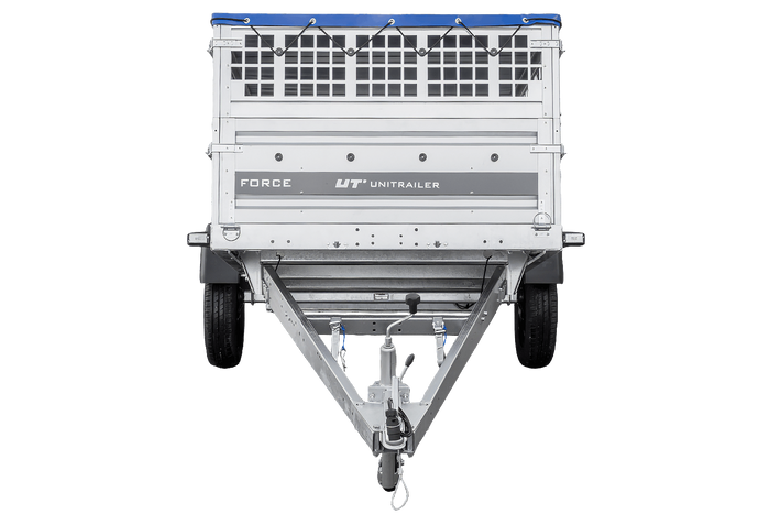 Enkelassige aanhanger 264x125 UNITRAILER FORCE 264 KIPP met gaaswanden, H-0 frame en blauwe afdekking.