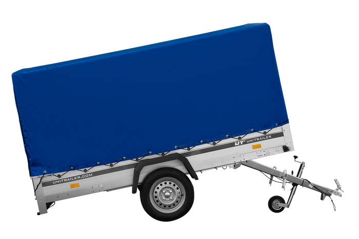 Autoaanhanger met aluminium zijwanden 264x150 Unitrailer Garden 265 KIPP ALU met H-1100 frame en blauwe afdekking