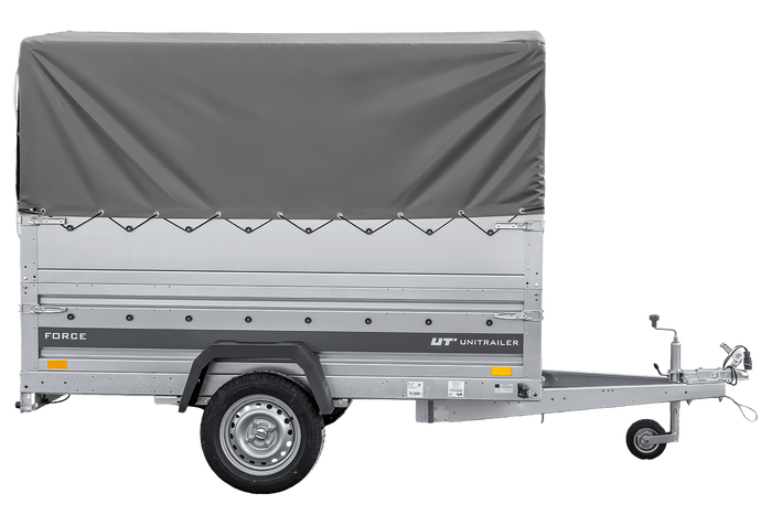 Enkelassige aanhanger op veren 230x125 UNITRAILER FORCE 230/R KIPP met BIS-zijwanden, H-800 frame en grijze afdekking
