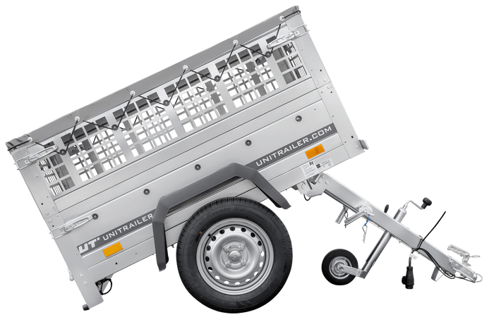Kleine enkelassige aanhanger Unitrailer GARDEN TRAILER 150 KIPP met steunwiel, gaaswanden en een vlakke grijze kap