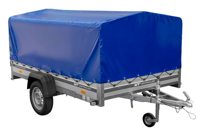 Enkelassige aanhanger met aluminium zijwanden 264x150 Unitrailer Garden 265 KIPP ALU met H-800 frame en blauwe afdekking