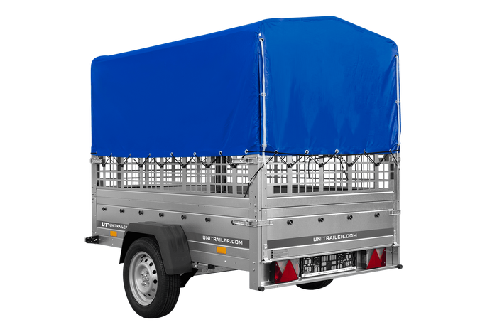 Enkelassige aanhangwagen op veren 200x125 UNITRAILER GARDEN 201/R KIPP met roosterwanden, H-800 frame en blauwe afdekking