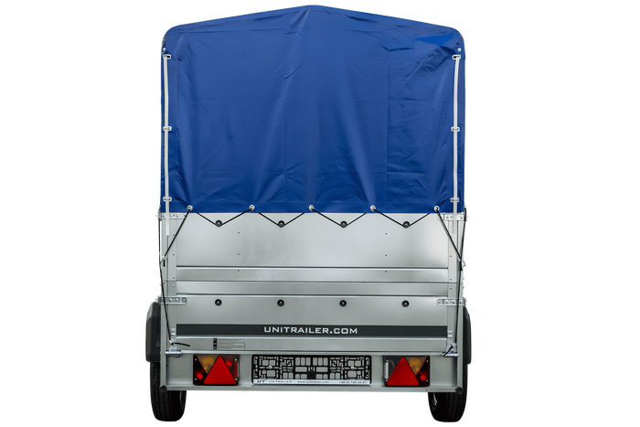 Lichte aanhanger 230x125 UNITRAILER GARDEN 230 KIPP met BIS-zijwanden, H-800 frame en blauwe afdekking