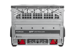 Enkelassige aanhanger 230x125 UNITRAILER FORCE 230 KIPP met gaaswanden, H-0 frame en grijze afdekking.