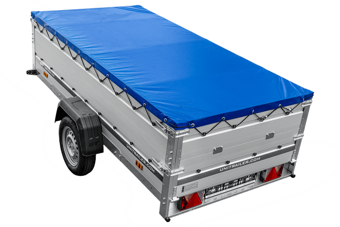 Enkelassige aanhanger met aluminium zijwanden 264x125 Unitrailer Garden 264 KIPP ALU met BIS-zijwanden, H-0 frame en blauwe afdekking