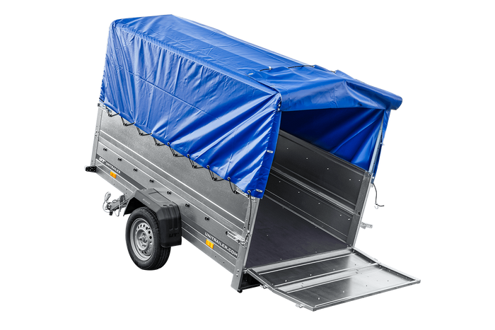 Lichte aanhanger 230x125 UNITRAILER GARDEN 230 KIPP met BIS-zijwanden, H-800 frame en blauwe afdekking