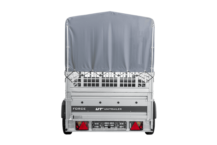 Autotransportaanhanger op veren 230x125 UNITRAILER FORCE 230/R KIPP met gaaswanden, H-800 frame en grijze afdekking