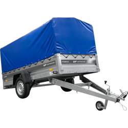 Enkelassige aanhanger op veren 264x125 UNITRAILER FORCE 264/R KIPP met H-800 frame en blauwe afdekking