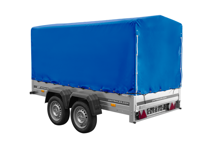Przyczepka dwuosiowa 264x125 UNITRAILER GARDEN 264/2 KIPP ze stelażem H-1100 i plandeką niebieską