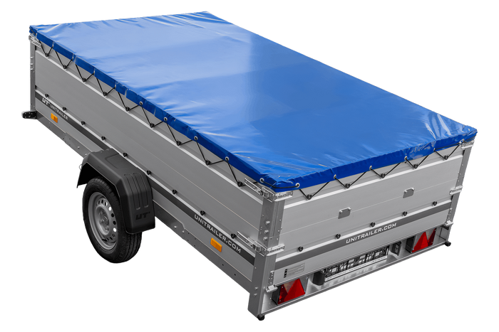 Enkelassige aanhanger met aluminium zijwanden 264x150 Unitrailer Garden 265 KIPP ALU met BIS-zijwanden, H-0 frame en blauwe afdekking
