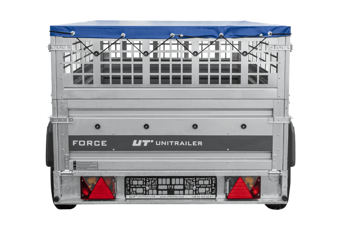 Enkelassige aanhanger 230x125 UNITRAILER FORCE 230 KIPP met gaaswanden, H-0 frame en blauwe afdekking.