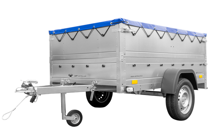Unitrailer GARDEN TRAILER 201 KIPP met steunwiel, bis sideboards en blauw plat dekzeil