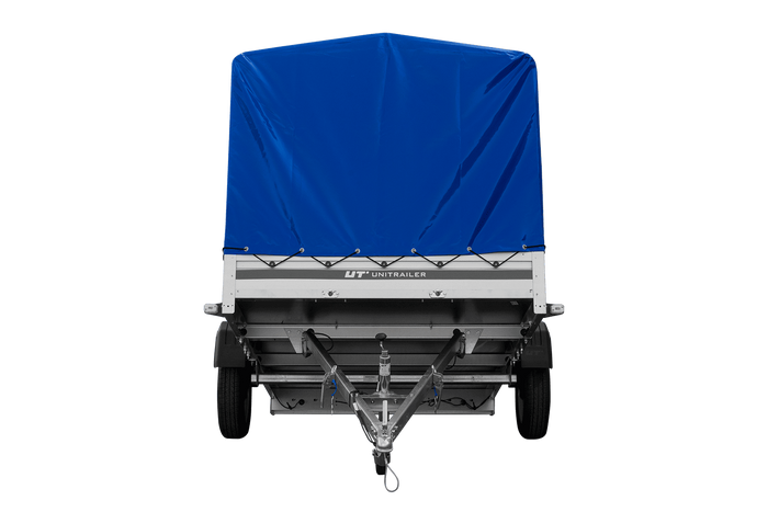 Autoaanhanger met aluminium zijwanden 264x150 Unitrailer Garden 265 KIPP ALU met H-1100 frame en blauwe afdekking
