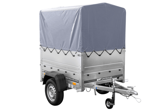 Enkelassige aanhanger 150x106 UNITRAILER GARDEN 150 KIPP met BIS-zijwanden, H-800 frame en grijze afdekking