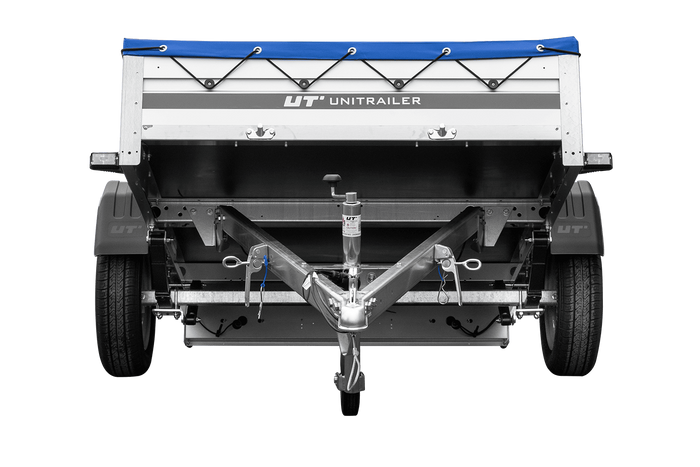 Enkelassige aanhanger op veren met aluminium zijwanden 200x125 Unitrailer Garden 201/R KIPP ALU met H-0 frame en blauwe afdekking