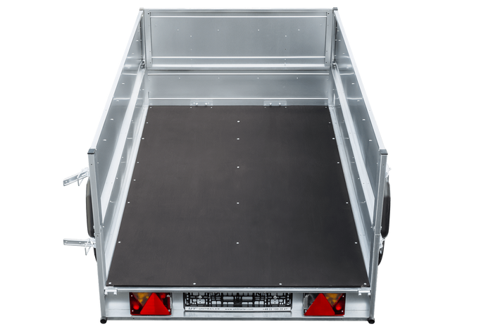 GARDEN TRAILER 230 KIPP MET STEUNWIEL, BIS ZIJKANTEN EN BLAUW PLAT TARPAU