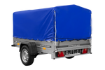 Enkelassige aanhangwagen op veren 200x125 UNITRAILER GARDEN 201/R KIPP met H-800 frame en blauw dekzeil