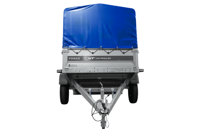 Enkelassige aanhanger 230x125 UNITRAILER FORCE 230 KIPP met H-800 frame en blauwe afdekking