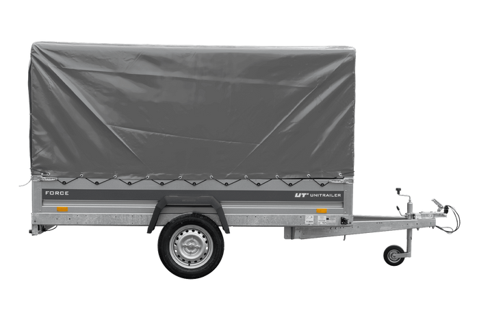 Autotrailer 264x125 UNITRAILER FORCE 264 KIPP met H-1100 frame en grijze afdekking