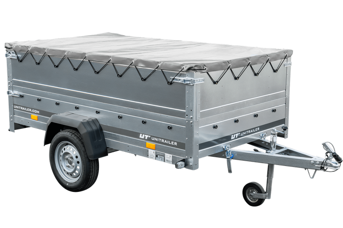 Eenassige aanhanger met een GARDEN TRAILER 230 KIPP met een steunwiel, twee zijkanten en een grijze vlakke kap