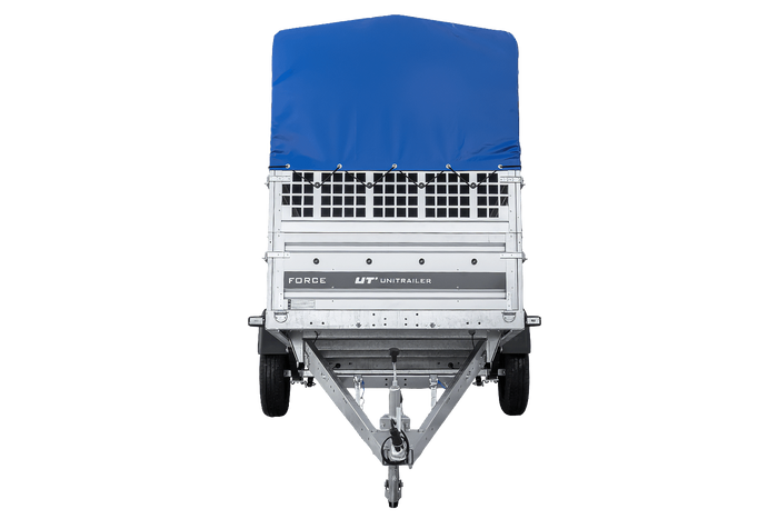 Autotransportaanhanger op veren 264x125 UNITRAILER FORCE 264/R KIPP met gaaswanden, H-800 frame en blauwe hoes