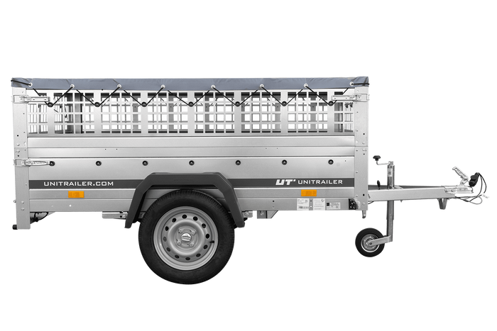 Autoaanhangwagen op veren 200x125 UNITRAILER GARDEN 201/R KIPP met gaaswanden, H-0 frame en grijze afdekking