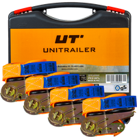 Set van vier UNITRAILER 4m/25mm/0.68t oranje transportbanden met spaninrichting in een koffer.