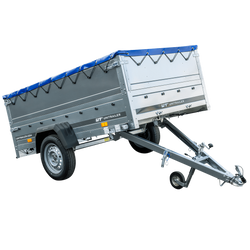 GARDEN TRAILER 230 KIPP MET STEUNWIEL, BIS ZIJKANTEN EN BLAUW PLAT TARPAU