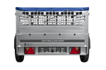 Enkelassige aanhanger 200x125 UNITRAILER GARDEN 201 KIPP met gaaswanden en blauwe afdekking