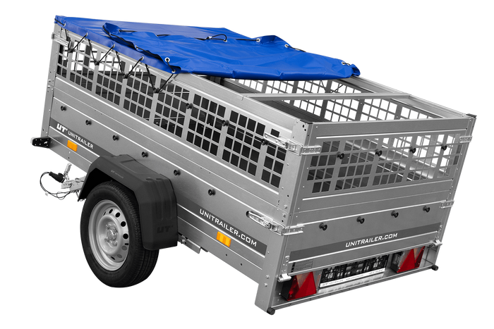 Autoaanhangwagen op veren 200x125 UNITRAILER GARDEN 201/R KIPP met gaaswanden, H-0 frame en blauwe afdekking