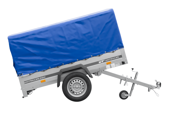 Lichte aanhanger 200x125 UNITRAILER GARDEN 201 KIPP met H-800 frame en blauw dekzeil