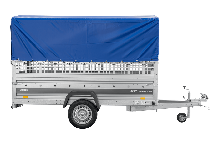 Autotransportaanhanger 264x125 UNITRAILER FORCE 264 KIPP met gaaswanden, H-800 frame en blauwe hoes