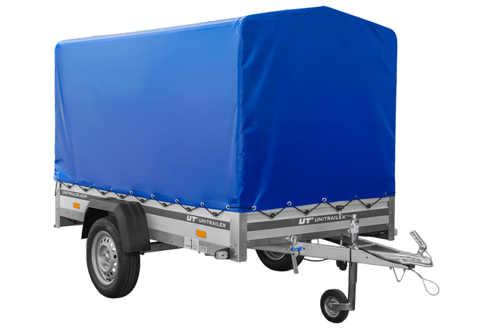 Autoaanhanger met aluminium zijwanden 230x125 Unitrailer Garden 230 KIPP ALU met H1100 frame en blauwe afdekking