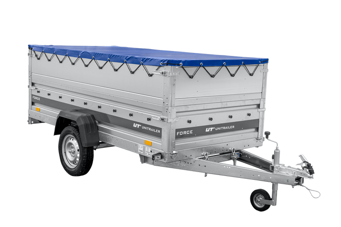 Lichte aanhanger 264x125 UNITRAILER FORCE 264 KIPP met BIS-zijwanden, H-0 frame en blauwe afdekking
