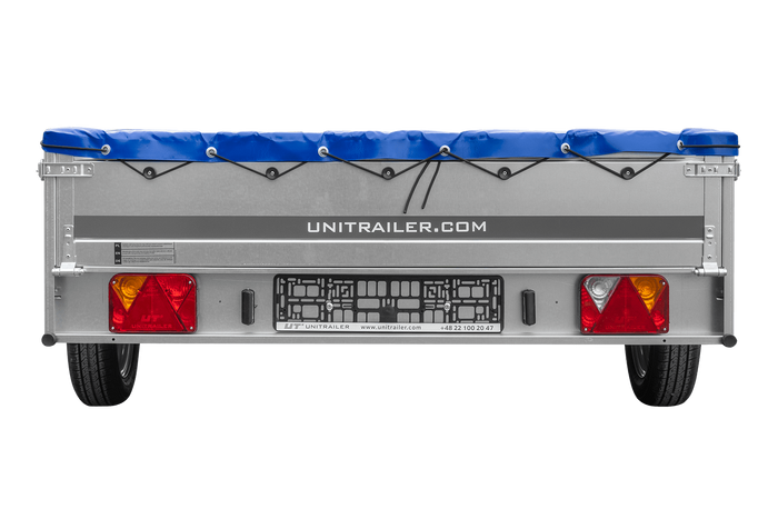 Enkelassige aanhanger op veren 264x150 UNITRAILER GARDEN 265/R KIPP met H-0 frame en blauwe afdekking