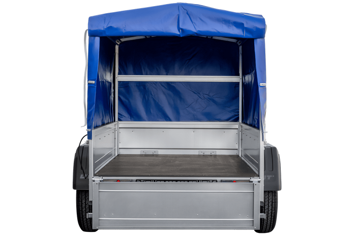 Lichte aanhangwagen Garden Trailer 150 KIPP met afmeting van 150x106 met blauwe zeil en huif MTM 750 KG 