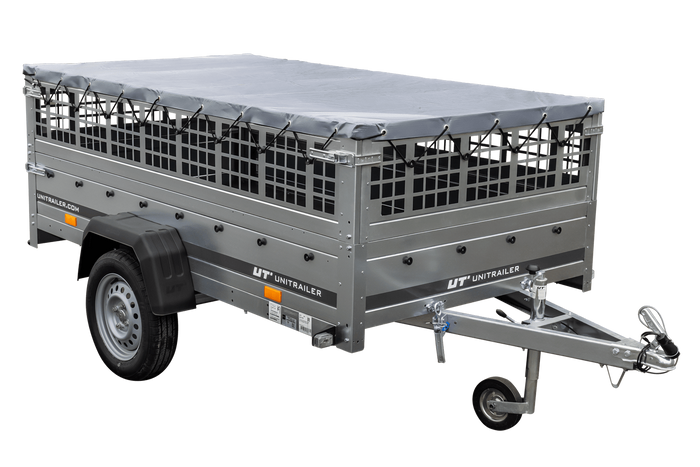 Kipper aanhanger voor personenauto Unitrailer GARDEN TRAILER 230 KIPP met steunwiel, gaaszijwanden en grijze vlakke afdekking op frame