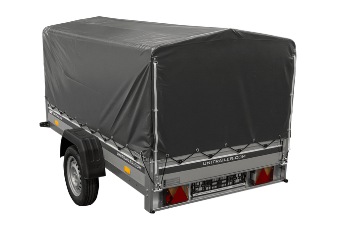 Enkelassige aanhanger met aluminium zijwanden 230x125 Unitrailer Garden 230 KIPP ALU met H-800 frame en grijze afdekking
