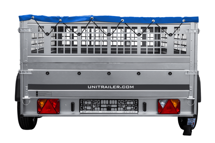 Lichte aanhanger 264x150 UNITRAILER GARDEN 265/2 KIPP met gaaswanden, H-0 frame en blauwe hoes